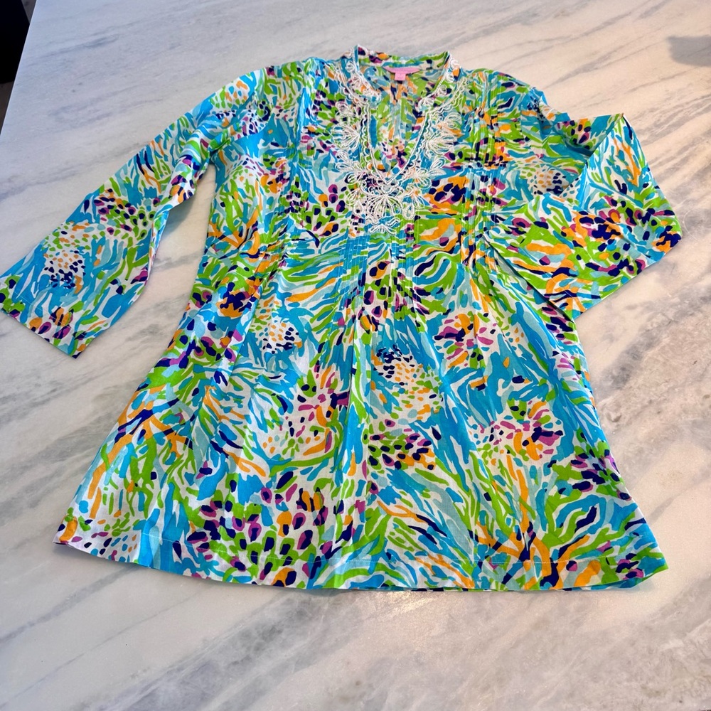 Lilly Pulitzer Bright Blue & Green Printed V-Neck Women's Tunic Top-Size S